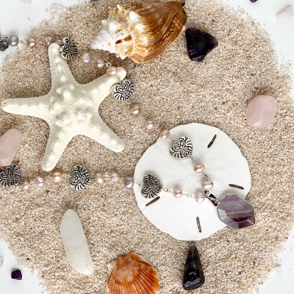 Genuine Pink Pearl & Heart Beaded Necklace with Amethyst Pendant - Picture 3 of 6